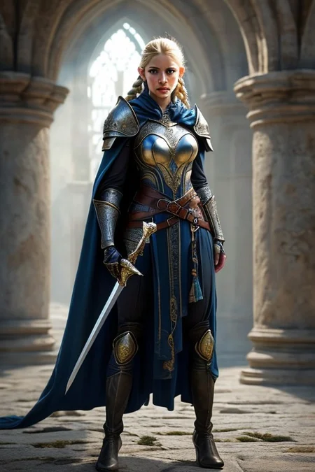 RAW photo, masterpiece, subsurface scattering, heavy shadow, high quality, intricate, high detail, professional photography, HDR, High Dynamic Range, realistic, ultra realistic, photorealistic, high resolution, film photography, ambient lighting, atmospheric effects, <lora:detail_slider_v4>, OverallDetail, <lora:FemaleWarrior:0.65>,1girl, armor, belt, blonde hair, blue eyes, blurry, blurry background, boots, braid, breastplate, cape, castle, cloak, earrings, elf, femwa, gauntlets, gloves, holding, holding sword, holding weapon, jewelry, lips, long hair, looking at viewer, medium breasts, pauldrons, pillar, shoulder armor, solo, standing, sword, weapon