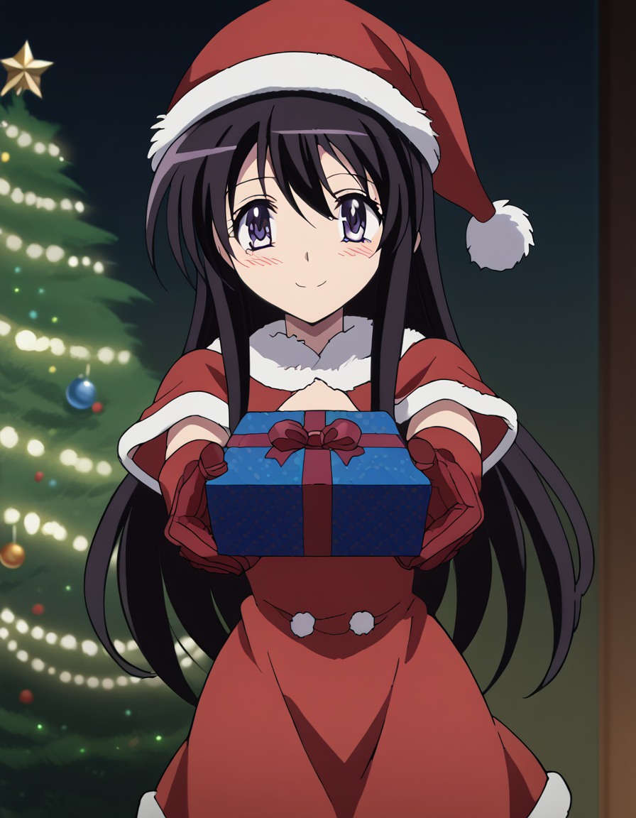 score_9, score_8_up, score_7_up, source_anime, <lora:kyouko-sonan-s1-ponyxl-lora-nochekaiser:1>, kyouko sonan, long hair, black hair, purple eyes, hair between eyes, sidelocks, anime screencap,, <lora:santa-costume-ponyxl-lora-nochekaiser:1>, santa costume, santa hat, christmas, sack, merry christmas, gift, fur-trimmed headwear, holding sack, santa dress, fur-trimmed dress, christmas tree, christmas tree, fur trim, red capelet, gift box, red gloves, fur-trimmed capelet, santa gloves, red hat, hat,, smile, blush, looking at viewer, <lora:incoming-gift-ponyxl-lora-nochekaiser:1>, incoming gift, outstretched arms, holding, holding gift, gift, gift box,, , dutch angle, cowboy shot