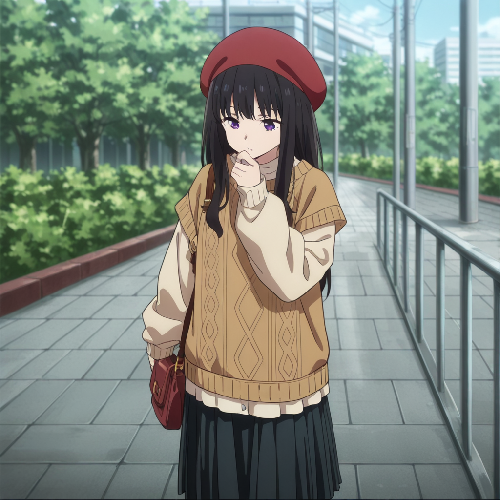 nsfw, masterpiece,best quality,amazing quality,1girl, solo, lycoris_recoil_takina_lnoue,hat, black hair, sweater, skirt, anime coloring, long hair, bag, red headwear, beret, brown sweater, bangs, purple eyes, black skirt, long sleeves, outdoors, pleated skirt, handbag, <lora:Takina_Inoue_-_Lycoris_Recoil:0.7>