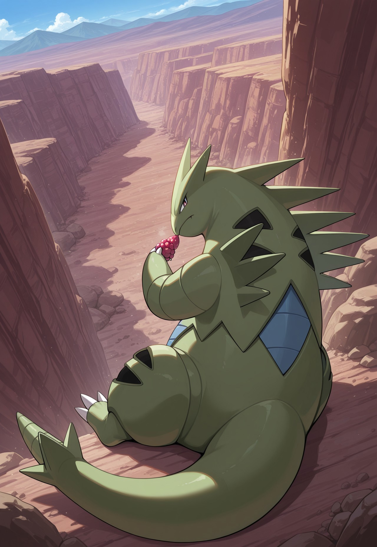 score_9, score_8_up, score_7_up, masterpiece, best quality, very aesthetic, absurdres, amazing quality, high resolution, ultra-detailed, volumetric lighting, newest, scenery, perspective, mountain, rocks, day, PKMN_Tyranitar, 1other, solo, pokemon focus, green skin, blue back, sitting, looking back, eating, holding,  berry_(pokemon)
