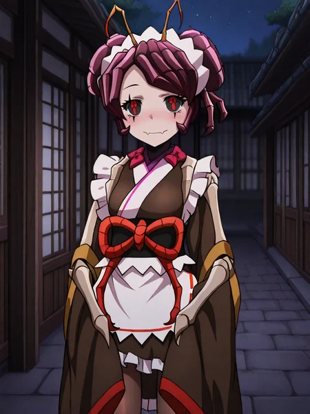 (masterpiece, best quality, high quality:1.2), anime screenshot, detailed hands,character focus, detailed skins, perfect curvy small breasts, body blush, cinematic shadow, character focus, cowboy shot, ultra detailed background, <lora:DetailedEyes_V3:1> , <lora:StS_PonyXL_Detail_Slider_v1.4_iteration_3:4>, <lora:entoma:1>,entoma, monster girl, arthropod girl,skin fangs, purple hair, double bun, antennae, colored sclera, black sclera, symbol-shaped pupils, red pupils, entomadress,japanese clothes, maid headdress,ofuda on clothes, bow,frills, brown kimono, sleeves past fingers, wide sleeves, sash, obi, white apron, brown pantyhose, ,solo,