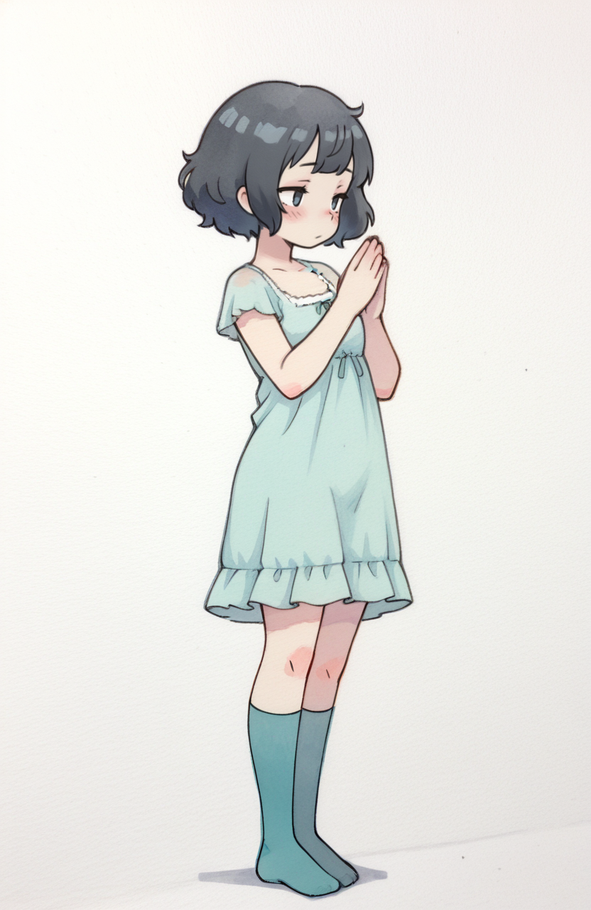 1girl, solo, <lora:qtkat:0.9> qtkat, traditional media, watercolor \(medium\), 
<lora:p5kawakami-ill:0.5> p5kawakami, black hair, short hair, aqua nightgown, aqua over-kneehighs, no shoes, standing, graceful stance, serene eyes, delicate blush, romantic, extremely detailed, highres, masterpiece, best quality