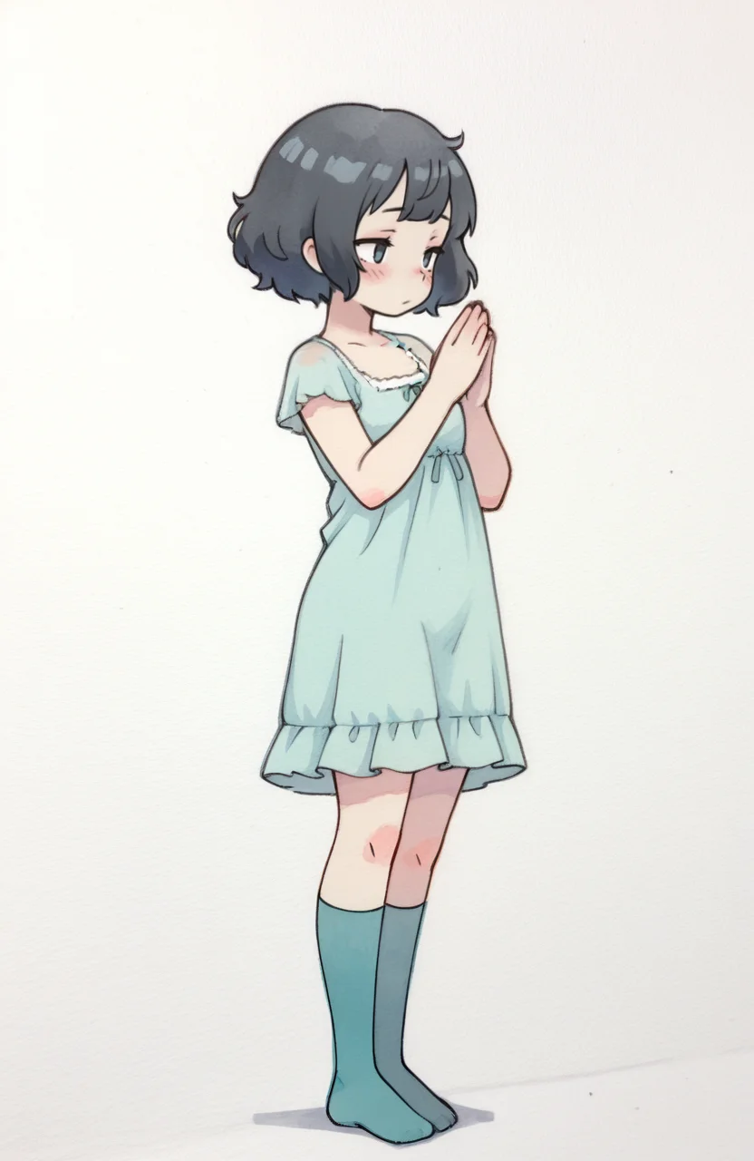 1girl, solo, <lora:qtkat:0.9> qtkat, traditional media, watercolor \(medium\),
<lora:p5kawakami-ill:0.5> p5kawakami, black hair, short hair, aqua nightgown, aqua over-kneehighs, no shoes, standing, graceful stance, serene eyes, delicate blush, romantic, extremely detailed, highres, masterpiece, best quality