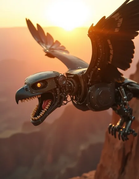 A mechanical eagle soars high above a sprawling canyon at sunrise, its bronze feathers catching the fiery orange glow of the morning light. Its wings stretch wide, gears and pistons clicking softly as it rides a thermal current. Its beak opens, revealing an unnervingly detailed set of ral-rbotth, perfectly human in size and shape, each one gleaming as if freshly polished. The sight of the lifelike teeth within its mechanical head creates a disorienting tension, as though the eagleâs scream could turn into human speech at any moment.
<lora:ral-rbotth-flux_000003000:1>