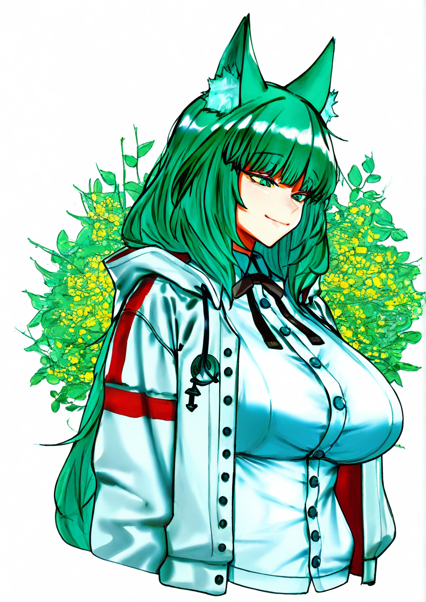 <lora:hiuh:1>,1girl, harmonie (arknights), detailed background, huge breasts, wide hips, , animal ear fluff, animal ears, black bow, bow, closed mouth, collared shirt, cropped torso, drawstring, dress shirt, green eyes, green hair, jacket, open clothes, open jacket, shirt, smile, solo, upper body, white jacket, white shirt, 
very awa, masterpiece, best quality, highres, absurdes,amazing quality,