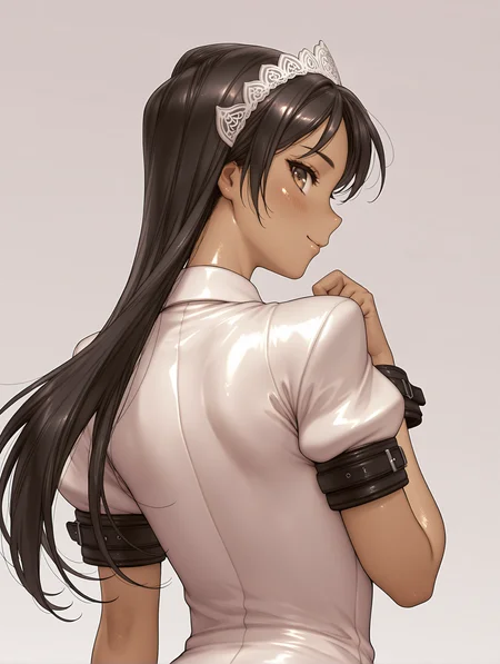 masterpiece,best quality,newest,1girl,solo,
<lora:Ayabe_Lilyna_ilxl_v1.3:1>,Lilyna,headdress,long hair,black hair,brown eyes,dark-skinned female,shiny skin,L_clothes,wrist cuffs,impossible dress,short_sleeves,
<lora:Fixhands_anime_bdsqlsz_V1:1>,dynamic_angle,cinematic_angle,looking_at_viewer,white_background,simple_background,face_focus,upper_body,light_blush,from behind,looking_back,profile,smile,