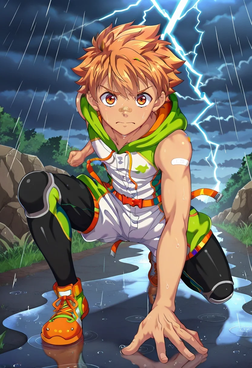 masterpiece, best quality, , anime screencap, , , looking at viewer, depth of field, 1boy, solo, male focus, <lora:jirou_camp_buddy_ilxl:0.96>, jirou_camp_buddy, orange hair, orange eyes, bandaid on nose, rain, cloud, lightning, wind, puddle, dramatic lighting, thunder, stormy night, running pose, worried expression, ,