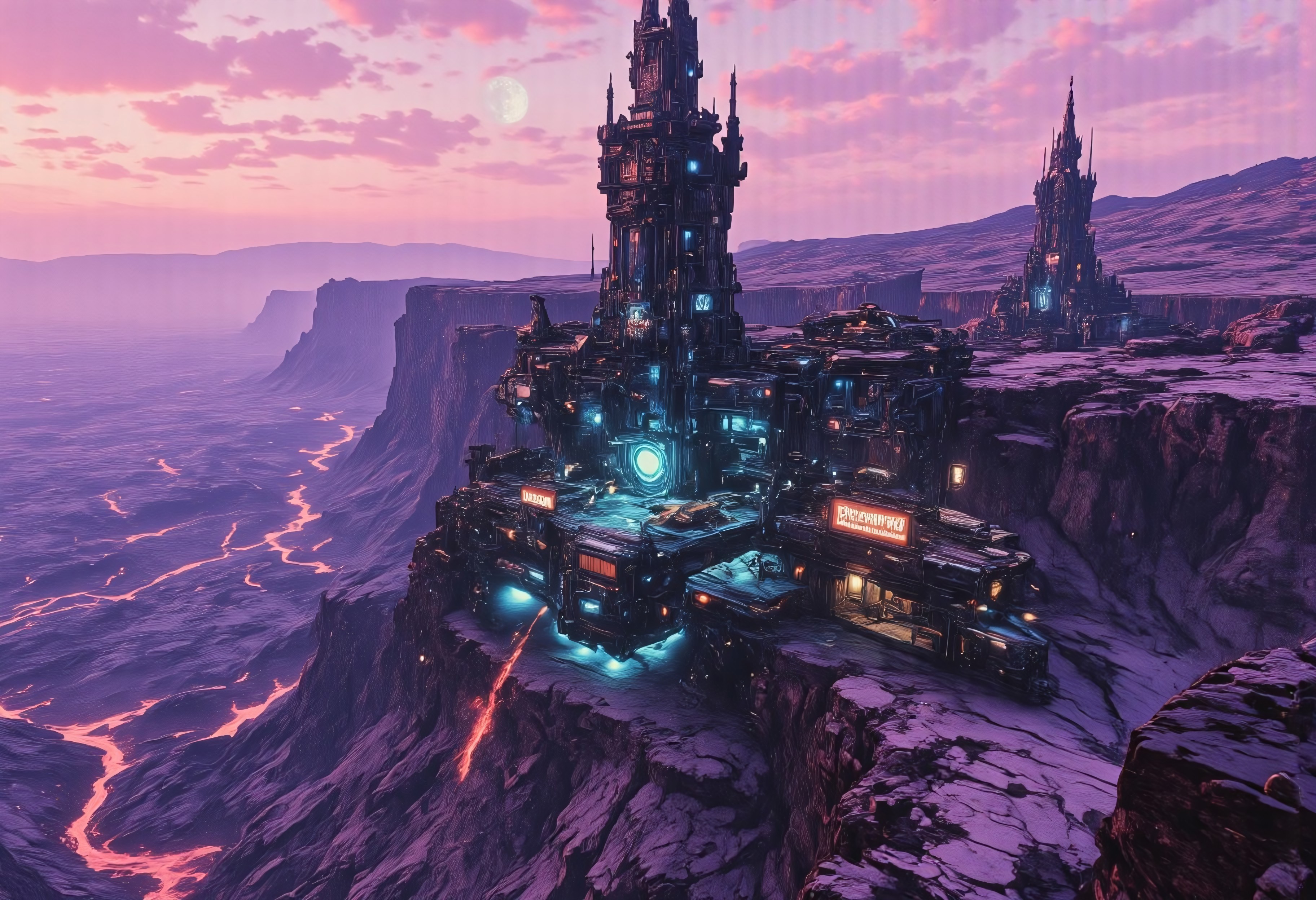 OBxiaoxiang, CAICO, inksketch purple and gray theme, Abstract digital painting in the style of ck-js, detailed photorealistic image, a sci-fi Piratebase of colossal buildings and towers in a barren lavender lush landscape, looking like an Pirate Outpost perched at the Cliff, of a volcanic cliff, its sleek towers a stark contrast to the cliffs surrounding it. The planet’s sun casts a vivid, cyan surreal light across the station, while deep fissures reveal glowing rivers of molten pink lava far below. The sky is a surreal shade of black and purple, dark glowing diodes and lights ((dark glowing diodes, lights and neon signs), Reaper Syndicate written on the neon signs), attached to the building is a landing field with 3  Spaceships landed on it, Dragonkin like creatures are around fixing some spaceships, two moons hanging low in the horizon, each reflecting light off the surface, large depth of field. The sky is a dark pink, with 2 broken soft blue moon hanging low in the horizon <lora:more_details>
realistic, detailed background, shaded, detailed, hi res, realistic, photography \(artwork\), (by kenket), by ross tran, by michael & inessa garmash, by pino daeni, by isvoc, by kiguri, by alena aenami, by ruan jia, (by zenthetiger, by wolfy-nail), by Enki Bilal, by drmax, photorealism, <lora:add_detail:1.3
