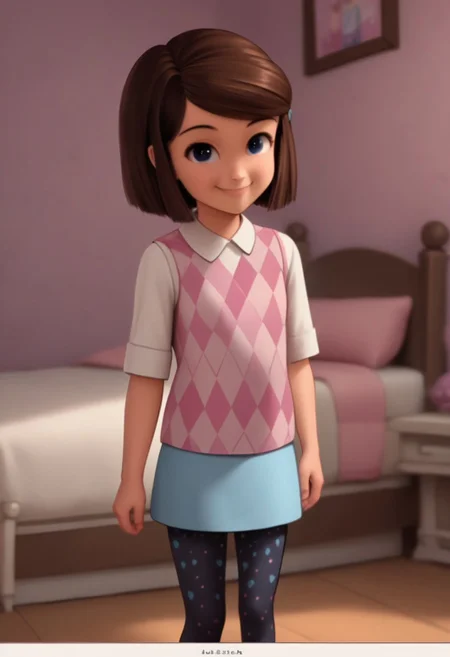score 9, score 8, score 7, score 6, 1girl, solo, tabitha templeton, short hair, brown hair, blue eyes, polka dot pantyhose, pink checked vest, white shirt, skirt, looking at viewer, smile, indoors, bedroom, 2d, short, cute, source_cartoon, young, fullbody,