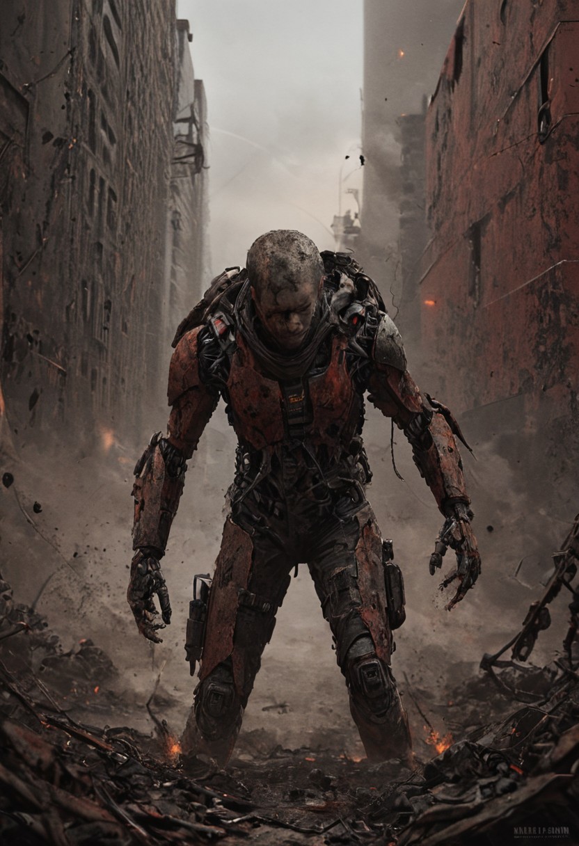 a combat cyborg, battle damaged, looking at the sunset over a faraway distopian city, smoke rising high on the horizon, colorful, muted rusted eroded paint,