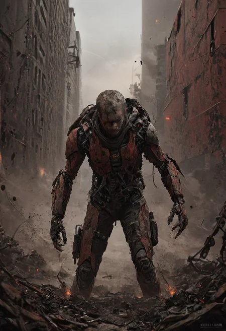 a combat cyborg, battle damaged, looking at the sunset over a faraway distopian city, smoke rising high on the horizon, colorful, muted rusted eroded paint,