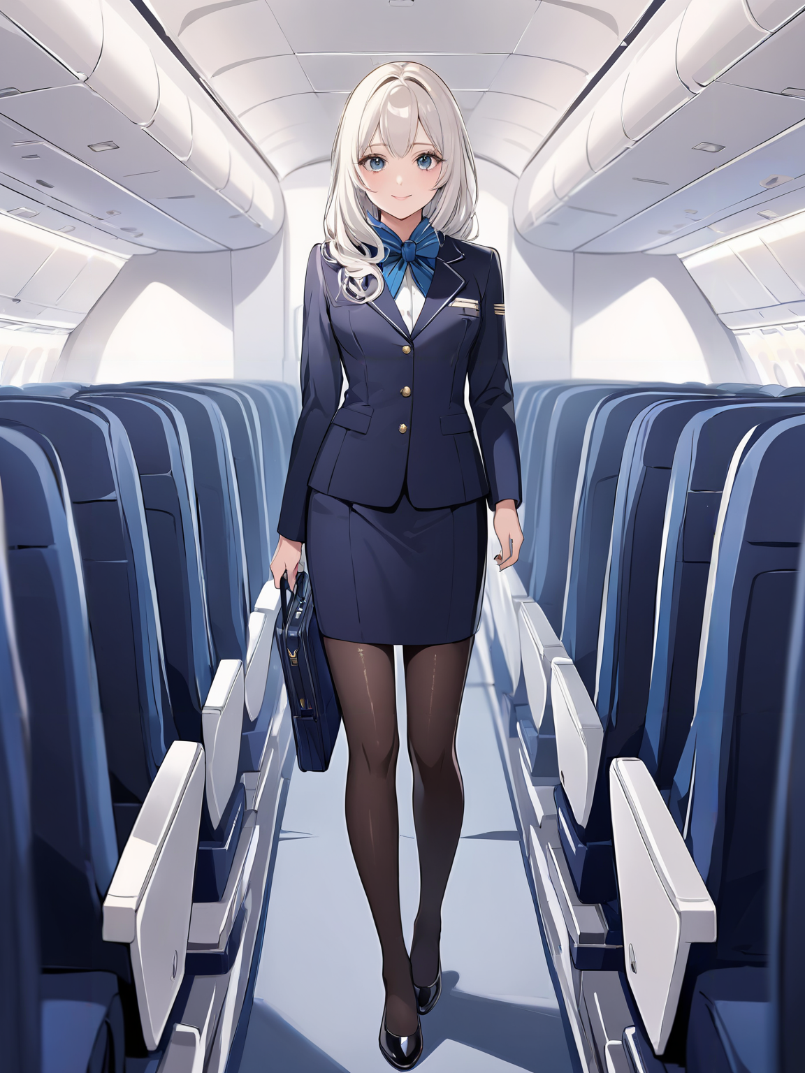 masterpiece,ultra-detailed,best quality,8K,illustration,cute face,clean skin ,shiny hair,girl,ultra-detailed-eyes,simple background, <lora:add-detail-xl:1> <lora:flight attendant_XL_V1.0:1> flight attendant, pantyhose
