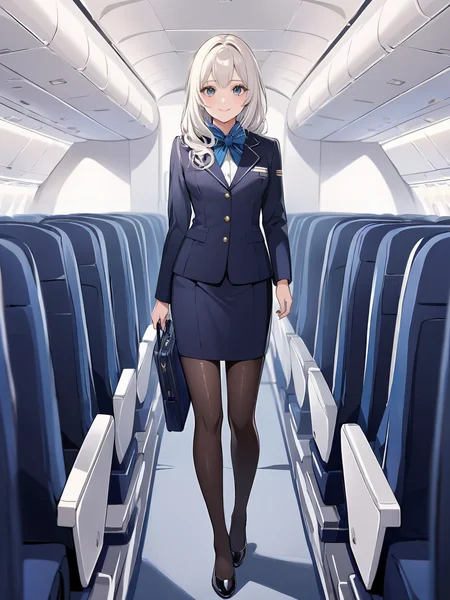 masterpiece,ultra-detailed,best quality,8K,illustration,cute face,clean skin ,shiny hair,girl,ultra-detailed-eyes,simple background, <lora:add-detail-xl:1> <lora:flight attendant_XL_V1.0:1> flight attendant, pantyhose