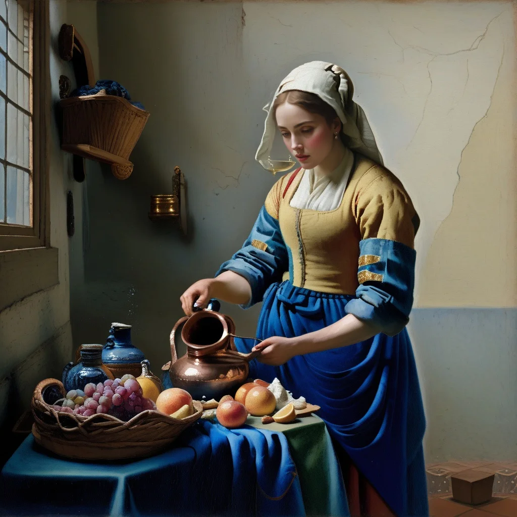 ethereal fantasy concept art of a painting of a woman pouring water from a jug <lora:JohannesVermeerXL_v1:1>, magnificent, celestial, ethereal, painterly, epic, majestic, magical, fantasy art, cover art, dreamy