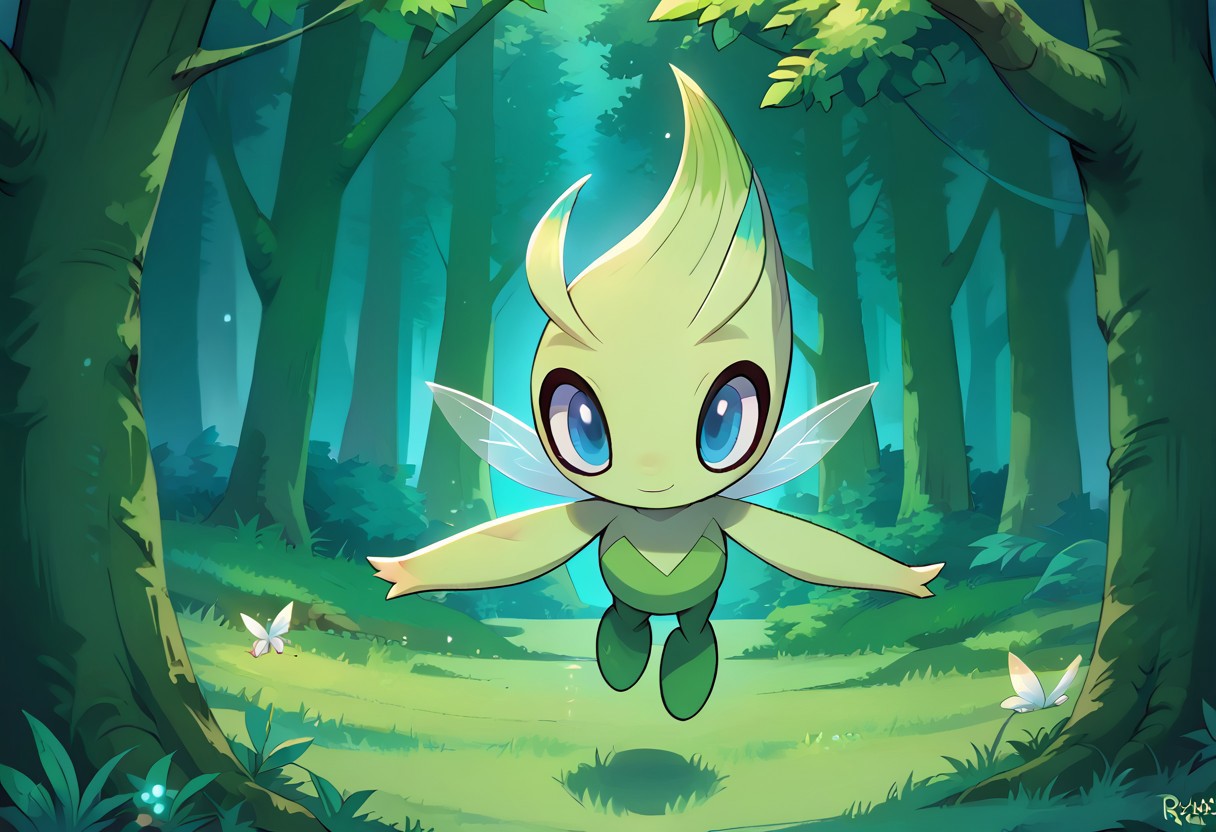 by raikissu, score_9, score_8_up, score_7_up, solo
1girl, Celebi, closed mouth, smiling, looking at viewer, wings, pokemon (creature), green skin, fairy wings, pokemon \(creature\), blue eye, full body, AFKJourneyXLP,(hard white rim light:1.3), toony,  forest, flying