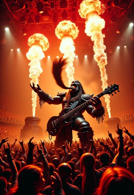 ocs eating a drum, spotlight, audience, close up, portrait, Epic guitars. Explosive pyrotechnics. Unstoppable rock energy.