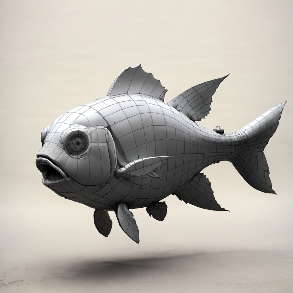 <lora:3dpolygonStyle:1>,3dm,monochrome,grid color matching,Create a 3D animation style image of a fish