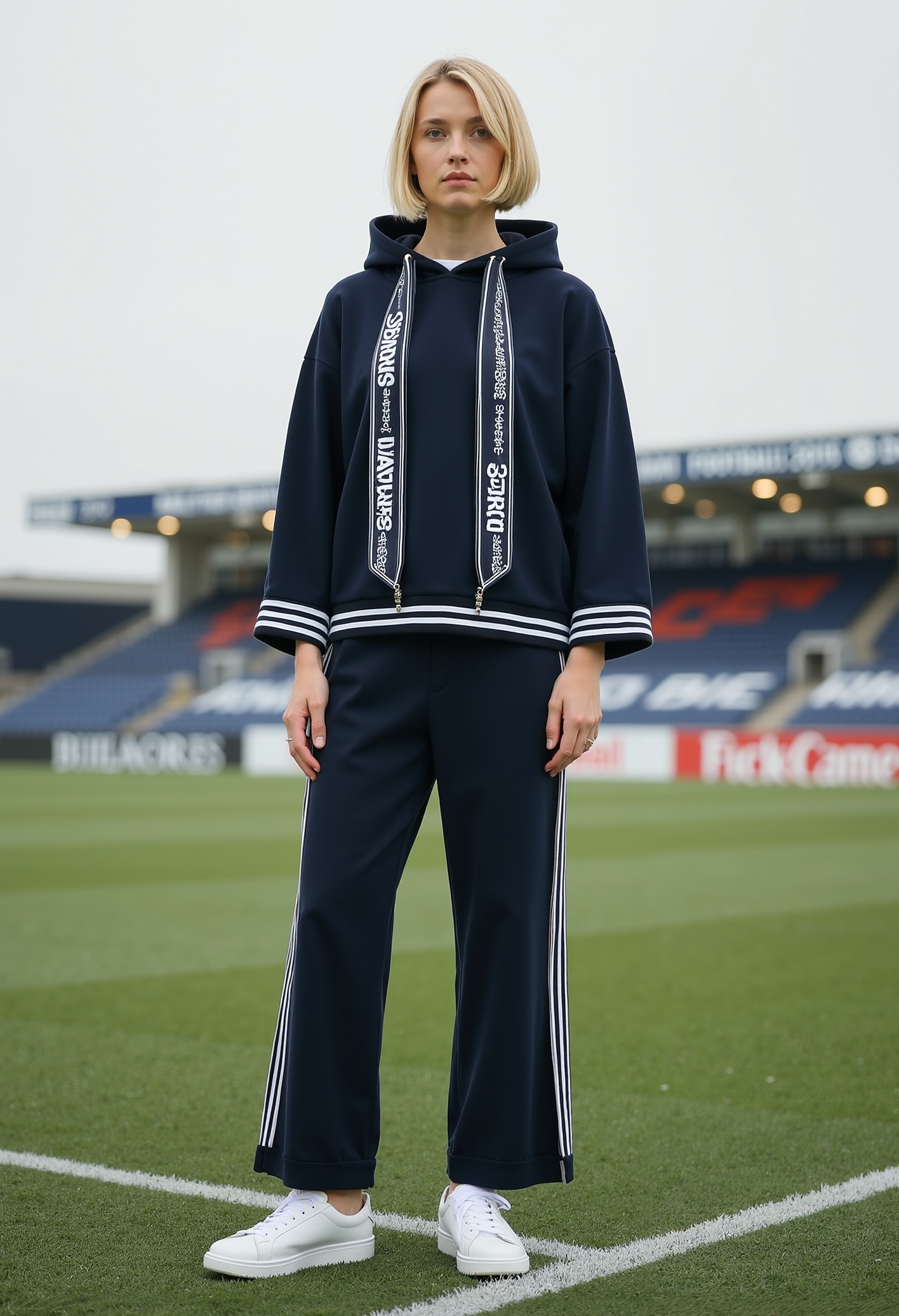 beautiful young woman, short bob style blond hair, clo015, woman wearing a navy-blue hoodie with graphic ribbon details and white accents, wide trousers with side stripes and a bold text detail, white platform sneakers, standing at a football stadion