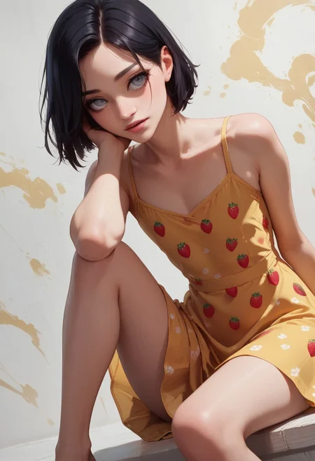 score_9, score_8_up, score_7_up, 1boy, femboy, otoko no ko, short hair, bob cut hair, black hair, grey eyes, gray eyes, feminine face, toned body, Shelly, summerdress, yellow dress, strawberry print, highly detailed, intricate, zzCitronCAT, sitting, one knee up, leaning forward, head resting on knee, dutch angle, modelshoot, abstract background, solo