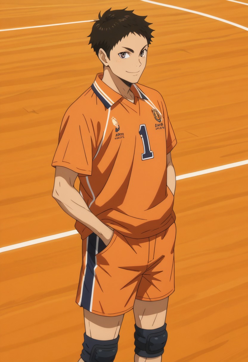 score_9, score_8_up, score_7_up, source_anime, rating_safe, Daikyu, 1boy, male focus, anime screencap, orange Karasuno shirt, orange Karasuno shorts, black knee pads, hands in pocket, smile, standing-posing, cut off legs,