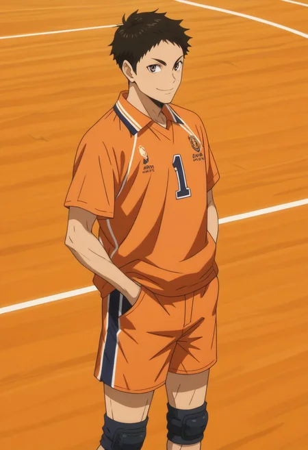 score_9, score_8_up, score_7_up, source_anime, rating_safe, Daikyu, 1boy, male focus, anime screencap, orange Karasuno shirt, orange Karasuno shorts, black knee pads, hands in pocket, smile, standing-posing, cut off legs,