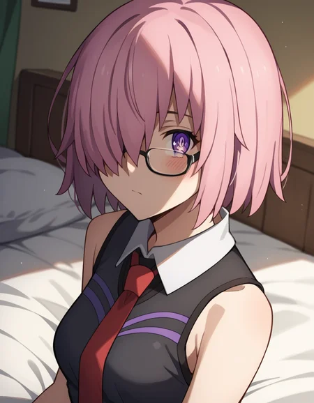 score_9, score_8_up, score_7_up, source_anime,
mashkyrielight, <lora:mash-kyrielight-babylonia-s1-ponyxl-lora-nochekaiser:1>,
mash kyrielight, short hair, purple eyes, pink hair, hair over one eye,
glasses, hood, shirt, collared shirt, white collar, black shirt, necktie, red necktie, sleeveless, off shoulder,
indoors, bed, bed room, on side, blush, drunk,
looking at viewer, cowboy shot, solo, dutch angle,