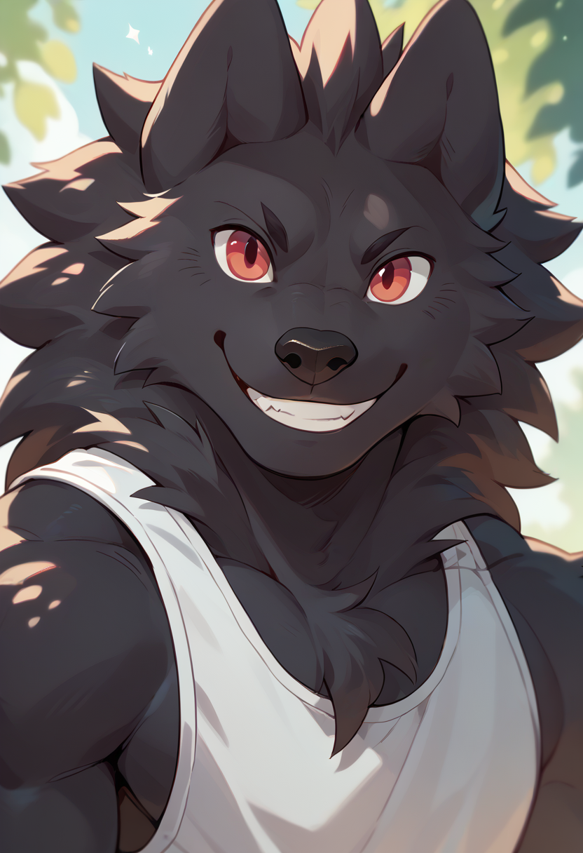 score_9, score_8_up, score_7_up, high quality, hires, leon_(i_think_i_like_you), furry, 1boy, solo, wolf boy, red eyes, black fur, muscular, smile, happy, looking at viewer, <lora:Leon_I_Think_I_Like_You:1>
