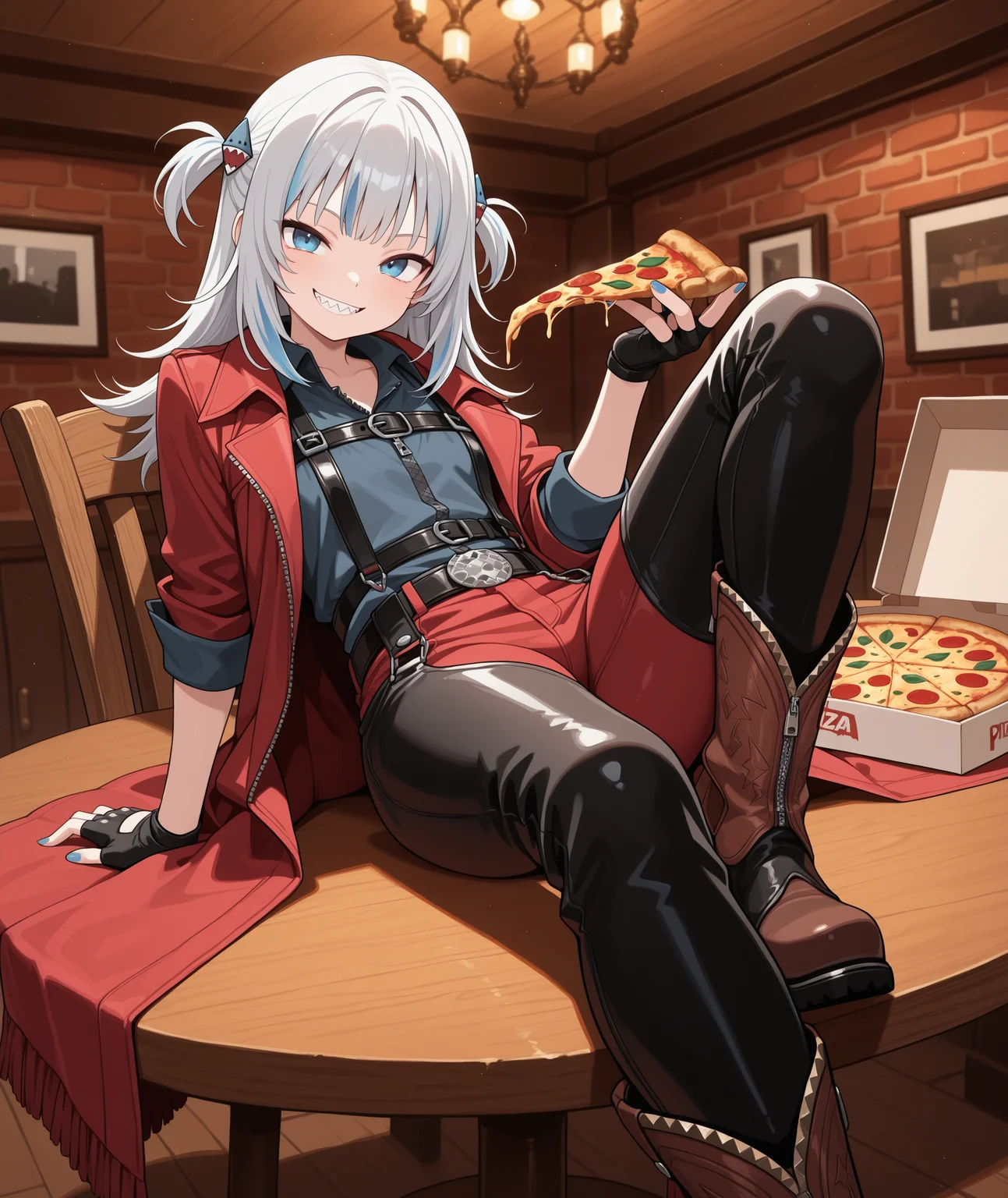 masterpiece, best quality, amazing quality, indoors, bar,wooden chair, round table,  1girl, solo, shark hair ornament, two side up, grey hair, streaked hair, blue eyes, blue nails, sharp teeth, black collared shirt, open collar, zipper, chest belt, red coat, trench coat, sleeves rolled up, black gloves,  fingerless gloves, buckle, black chaps, red pants, cowboy boots,   smile, looking at viewer, sitting in chair, (boots on table:1.5), foreshortening, leaning back, pizza box, (holding pizza slice:1.5),  <lora:gura_illus:0.8> <lora:Dante DMC 4:0.6>