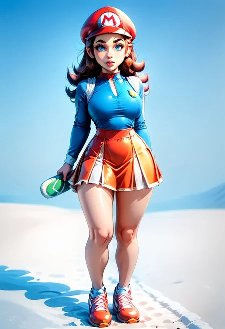 <lora:MtF_Genderswap:1>, genderswap \(mtf\), Mario, facing forward, adult woman, extremely large nose, extremely bulbous nose, very wide face, circular head shape, wide chin, wide jawline, brown hair, lightly curly hair, blue eyes, average bust, wide hips, red and blue clothes, tennis uniform, two-tone skirt, fully clothed, zPDXL, score_9, score_8_up, score_7_up, score_6_up, score_5_up, score_4_up,
full body render, full body, photorealistic image, realistic image, high quality, detailed face, realistic human proportions, detailed clothes, even lighting, no aura, no glow,