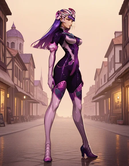 Masterpiece, realistic, hires, detailed face and eyes, ultra quality, cel-shaded, sharp lines, dry shading, Beautiful background, far west, houses, street city, <lora:Wild_Arms_5_Persephone:1> 1girl, persephone, solo, wa5, bodysuit, long hair, purple hair, red eyes, headdress, android, full body, side view
