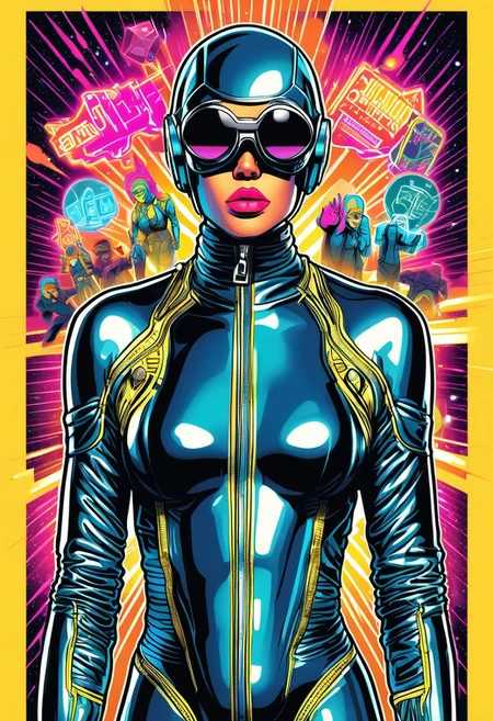 A futuristic meme poster featuring a character in a ridiculously shiny latex suit, glowing so brightly that everything around them is blinded. Other characters wear sunglasses and hold up warning signs saying, "TOO BRIGHT!" The character confidently poses with the text "Shine Bright in Latex World" in bold neon letters above them. shnywrld