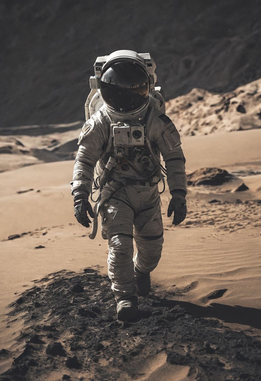 photo of astronaut walking in a desert planet with obsidian dark sands