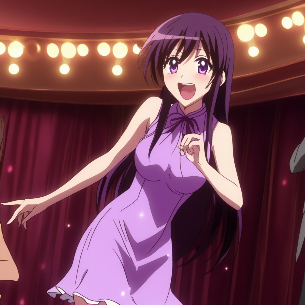 Safe , Kyouko Sonan , standing , hand gestures , singing in party karoke , hand on hips , cheerful and happy , beautiful violet dress , full-body , smile , mouth open