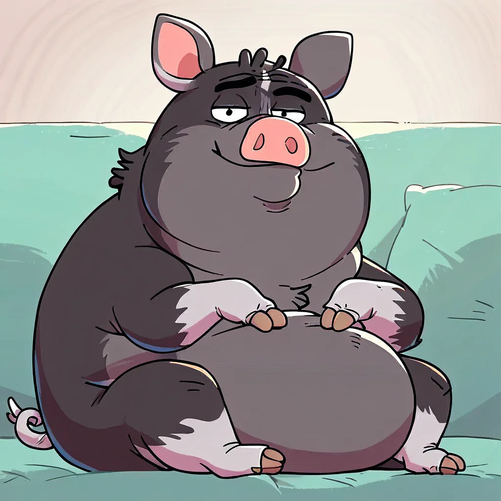 score_9, score_8_up, score_8, furry, Max, pig, snout, black/grey fur, white curly tail, cartoon style, 2d, overweight, feral, solo, sitting, on couch, looking at viewer, smug expression, inside