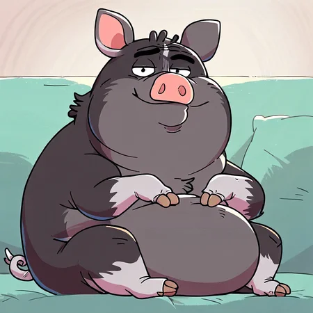 score_9, score_8_up, score_8, furry, Max, pig, snout, black/grey fur, white curly tail, cartoon style, 2d, overweight, feral, solo, sitting, on couch, looking at viewer, smug expression, inside