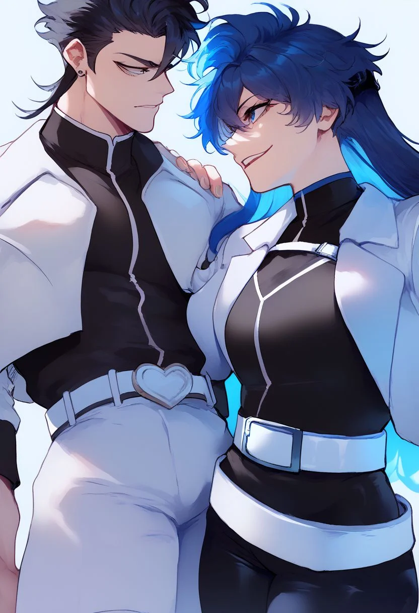 1boy, Grimmjow, blue hair and eyes, white crop jacket, black shirt, black pants, white belt, score_9, score_8_up, score_7_up, source_anime, 1girl, bambietta basterbine, black hair, military uniform, white jacket, white skirt, belt