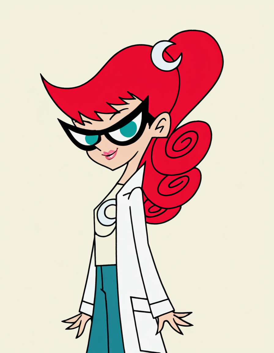 marytest, glasses, 1girl, red hair, ponytail, solo, long hair, hair ornament,crescent,  aqua eyes, labcoat, curly hair, lips, lipstick, pants, t-shirt,smile, looking at viewer, cowboy shot, masterpiece, best quality, amazing quality, very aesthetic, absurdres <lora:MaryTestIllustrious1.0JLFO-000017:1> simple background,