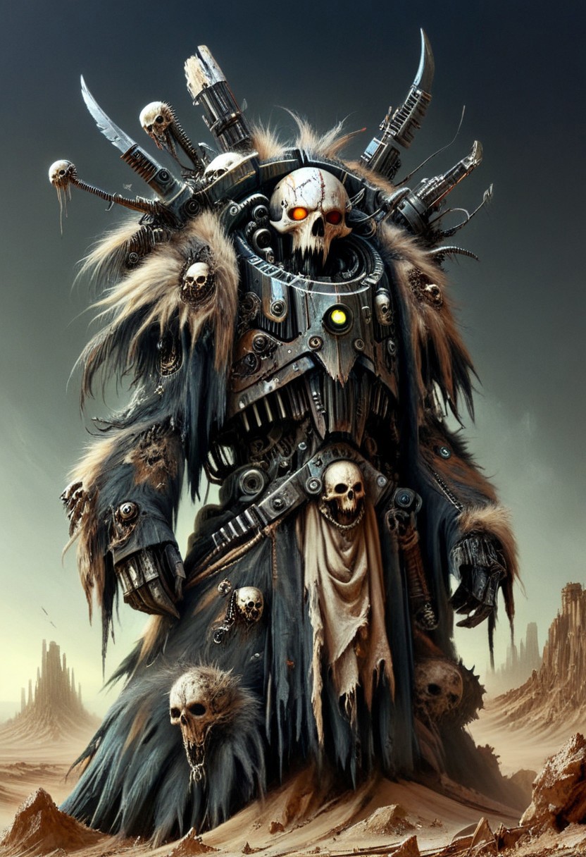 (best quality, masterpiece), drawix9, dwx9, EPSavageVerse, Servitor, mechanical parts, defective, abandoned, desert planet, pincers, cybernetic implants, ragged clothing, torn clothes, depressing, grimdark, portrait