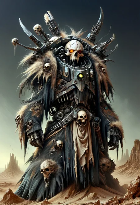 (best quality, masterpiece), drawix9, dwx9, EPSavageVerse, Servitor, mechanical parts, defective, abandoned, desert planet, pincers, cybernetic implants, ragged clothing, torn clothes, depressing, grimdark, portrait
