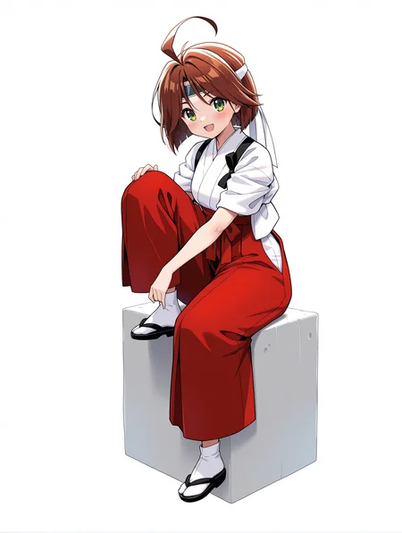 masterpiece,best quality,newest,
1girl,solo,
<lora:hinageshi_ilxl_v1.1:1>,hinageshi,ahoge,green eyes,h_b_clothes,headband,miko,sleeves rolled up,tasuki,red hakama,tabi,zouri,
<lora:Fixhands_anime_bdsqlsz_V1:1>,open mouth,smile,:d,sitting,blush,simple background,white background,looking_at_viewer,