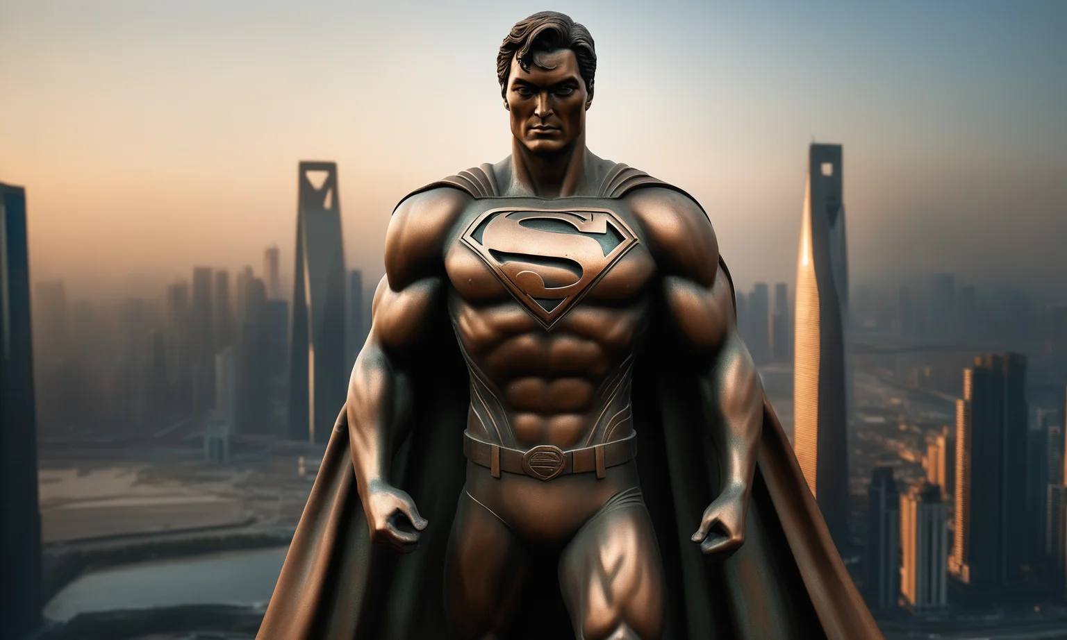 <lora:bronzecd_xl-000006:0.9>,a statue of a superman made of (bronzecd_xl,bronze) in street,outdoors,cityscape,shanghai,day,cultural relic,front view,fine art,(Unbelievable Digital Artwork:1.3),CGSociety,ArtStation,master works, emotional, harmonious, high budget, moody, epic, gorgeous, perfect lighting, realistic, photorealistic, photographic, photo (medium),real, moody lighting, volumetric lighting, reality ray tracing, 8K, HDR, UHD, masterpiece, best quality, highly detailed, high resolution, finely detail, extremely detailed, ultra detailed, wallpaper