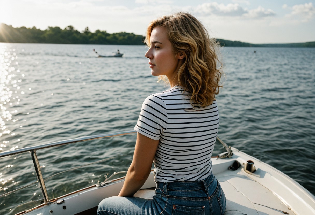 ((masterpiece, photorealistic, ultra-detailed)), a (stunning blonde woman with shoulder-length wavy hair) sits near the rear of a ((sleek, high-speed motorboat)), her (hair whipping in the wind). She wears a (tight navy and white striped t-shirt) and (high-waisted jeans), casually relaxed as the boat cuts through water. ((Lake wake trailing behind)), ((sunlight glinting off her skin)), ((natural wind-blown movement)).