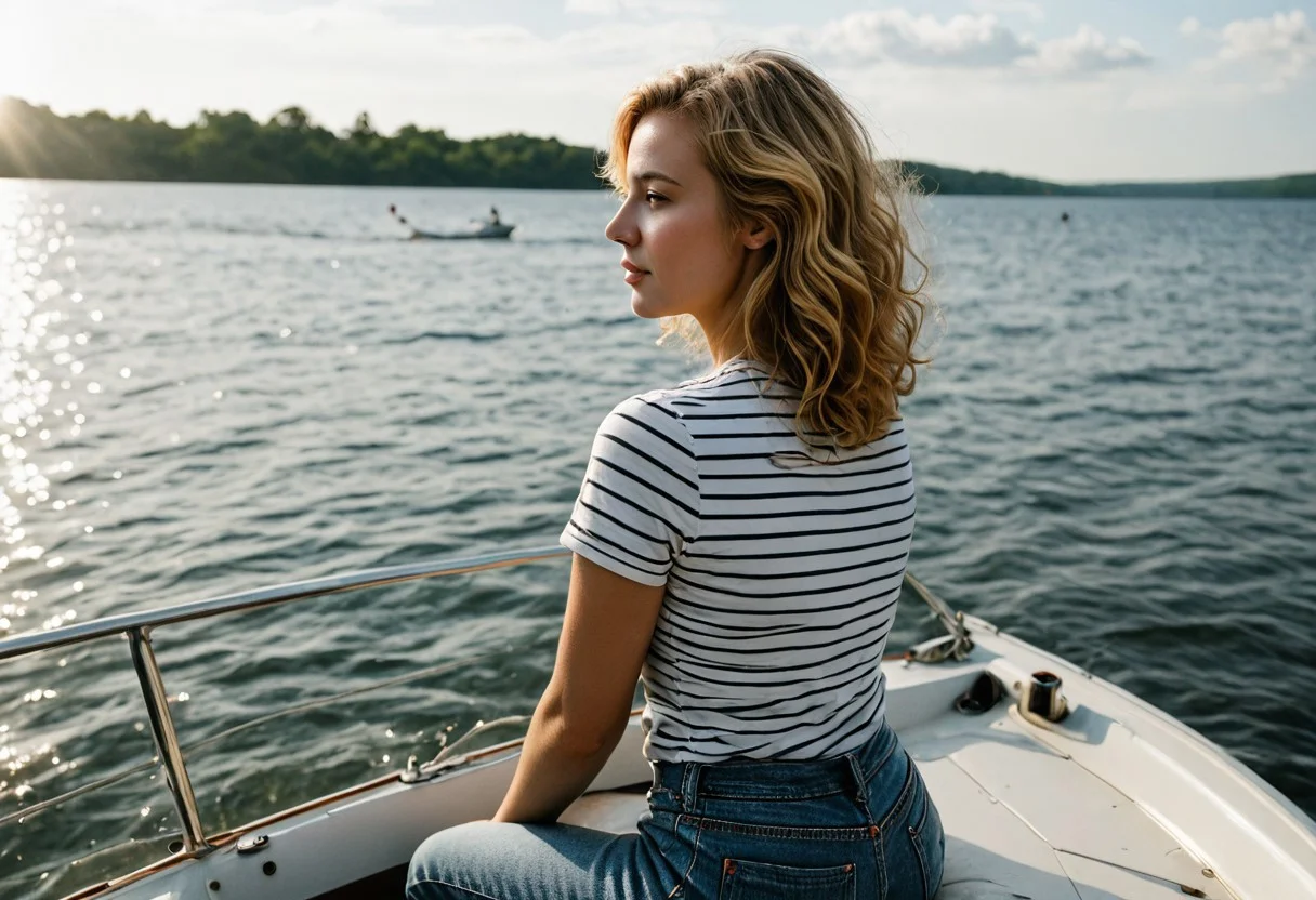 ((masterpiece, photorealistic, ultra-detailed)), a (stunning blonde woman with shoulder-length wavy hair) sits near the rear of a ((sleek, high-speed motorboat)), her (hair whipping in the wind). She wears a (tight navy and white striped t-shirt) and (high-waisted jeans), casually relaxed as the boat cuts through water. ((Lake wake trailing behind)), ((sunlight glinting off her skin)), ((natural wind-blown movement)).