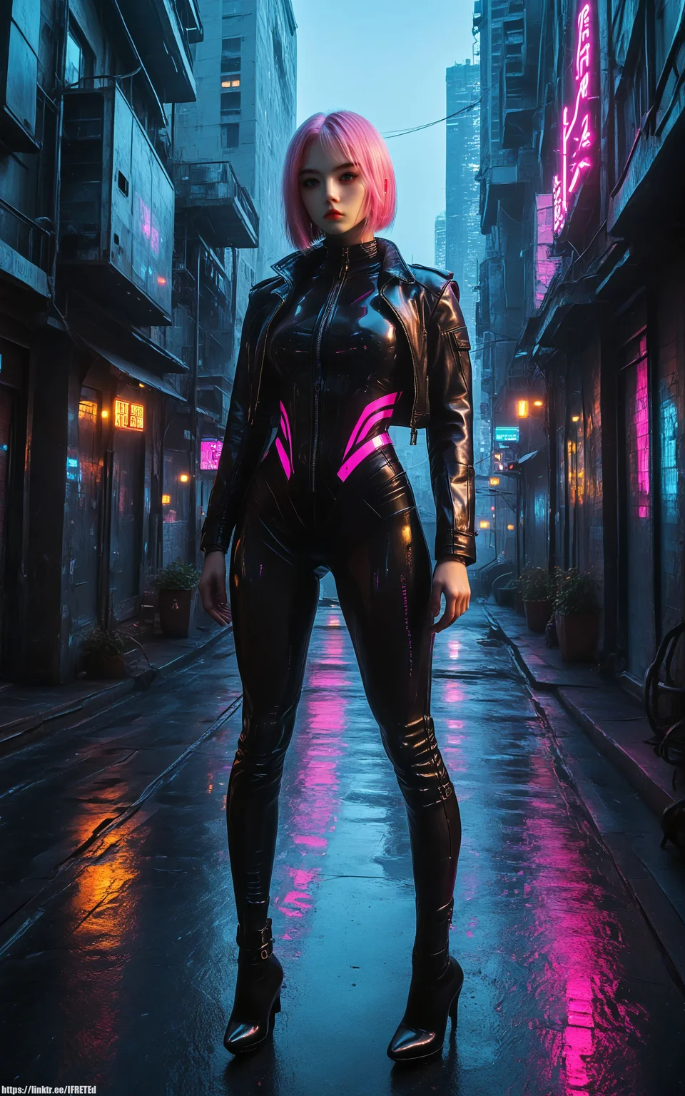 score_9, score_8_up, score_7_up, ultra detailed, source_photo,
<lora:Pony_DetailV1.0:0.9>
seriousness face, razor cut,pink hair,,
standing, from_front, (full_body:1.4) , dynamic pose, dramatic angle,,
presenting, outside, neon city, distantfuture,
futuristic neon street, night, latex bodysuit, leather jacket, highheel boots,
<lora:Expressive_H-000001:1>, ExpressiveH, intricate detail,
<lora:DistantFuture:0.8>