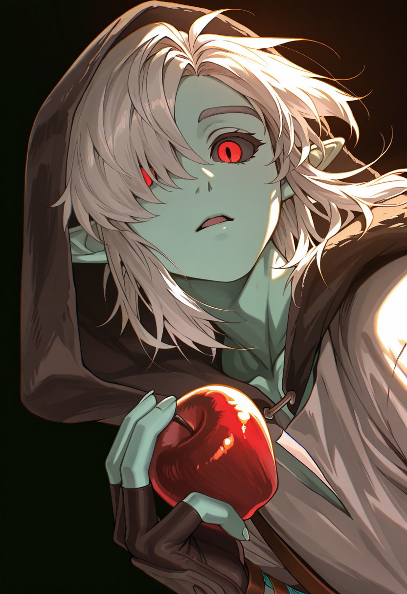 WALLPPR_ST, masterpiece, best quality, very aesthetic, high resolution, ultra-detailed, absurdres, newest, detailed eyes, beautiful, perfect lighting, hi res, amazing quality, very awa, painting_(artwork), dynamic angle, dynamic pose, WALLPPR_ST, 1boy, male focus, holding fruit, pointy ears, red eyes, holding food, colored skin, black background, white hair, black gloves, simple background, upper body, white shirt, hair over one eye, colored sclera, parted lips, red apple, hood up, link, looking at viewer, medium hair, open mouth, fingerless gloves