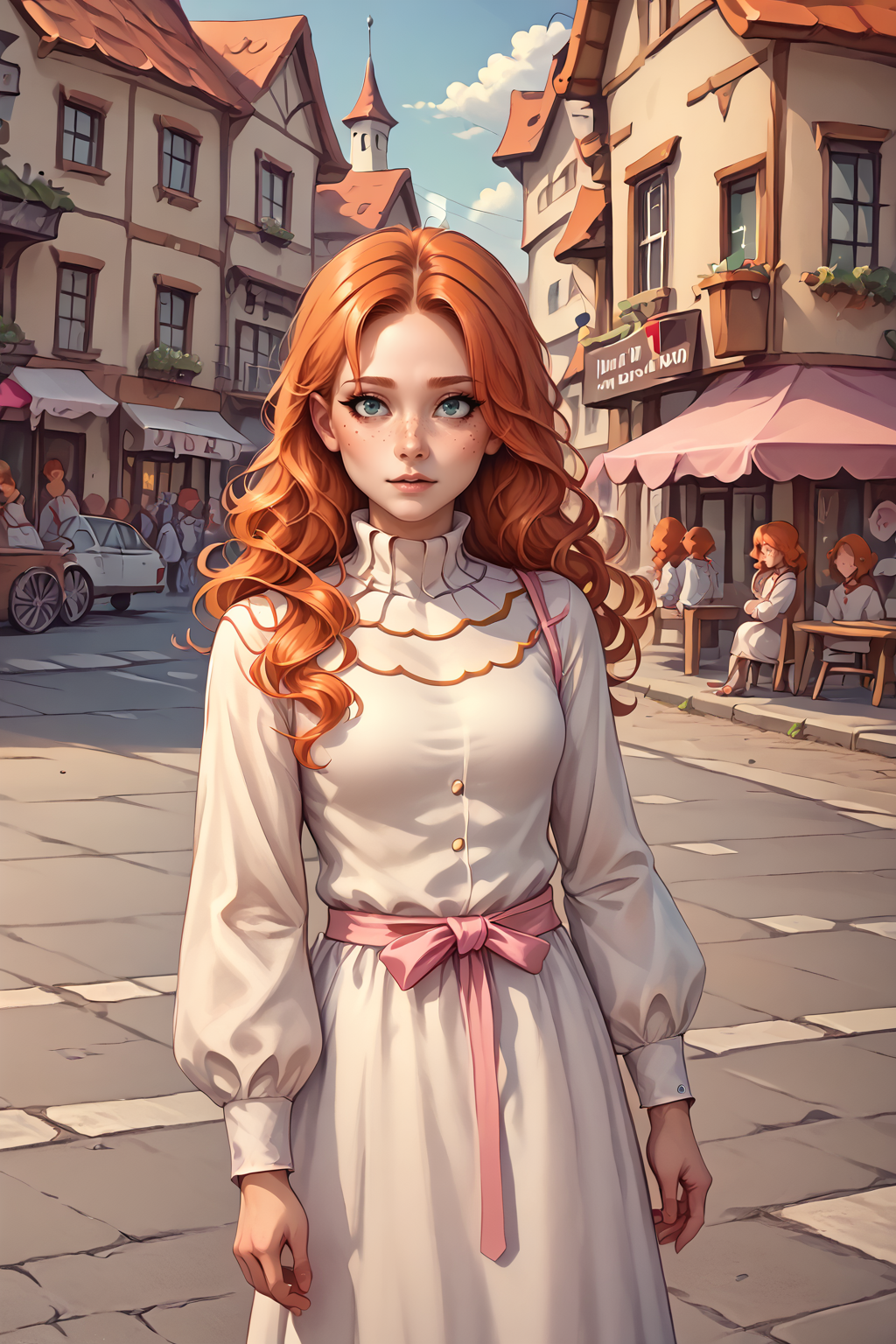 score_9, score_8_up, 1girl, NSGingerPortia, freckles, ginger hair, <lora:NSGingerPortia:1>, white dress, pink ribbon, long sleeves, puffy sleeves, high collar, rural town