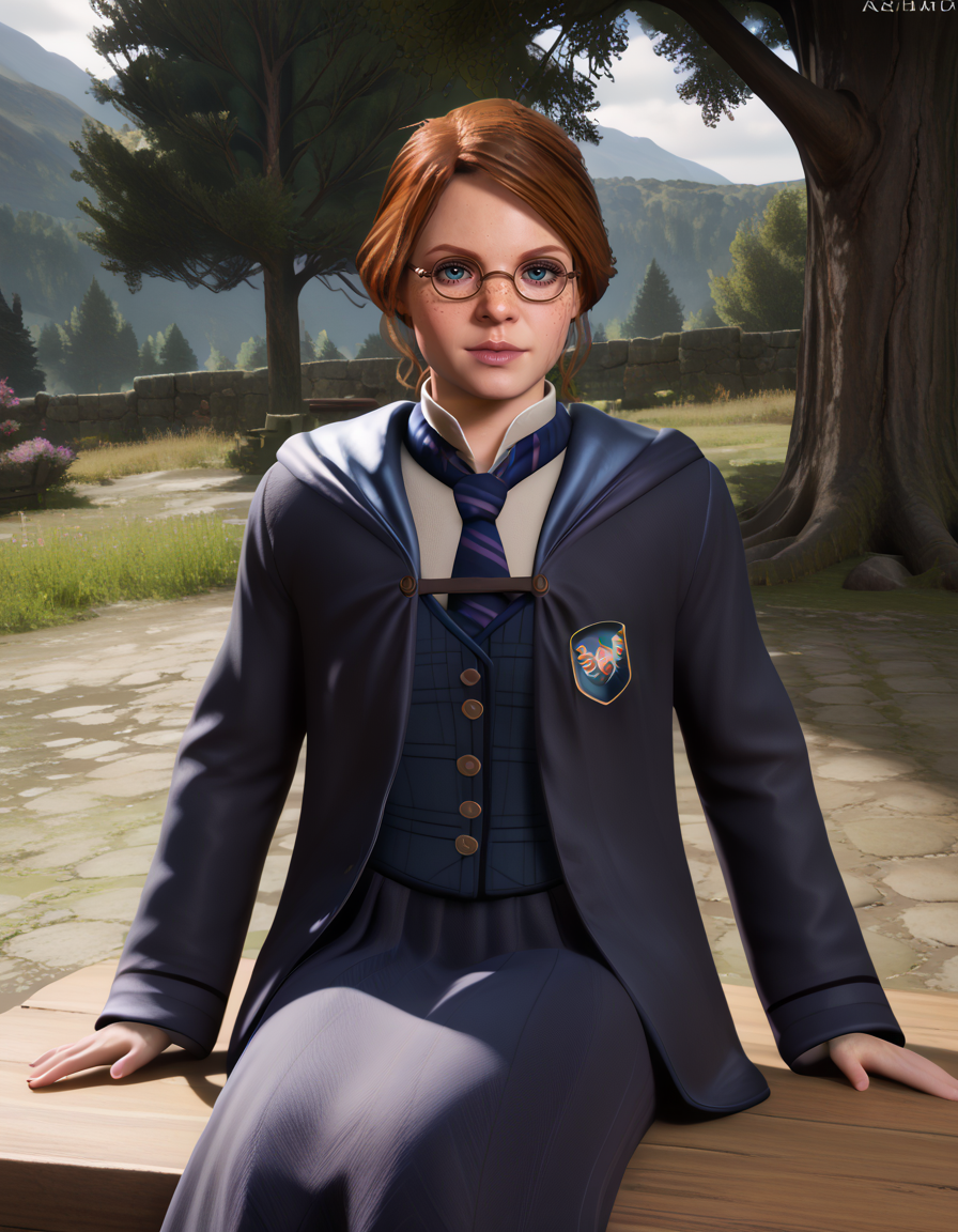Masterpiece, high-res, 2k, best quality, realistic, 3d, anastasiahw , glasses, freckles , hwuniform  <lora:anastasiahw_pony-000037:1> Reclining on a tree trunk or rock