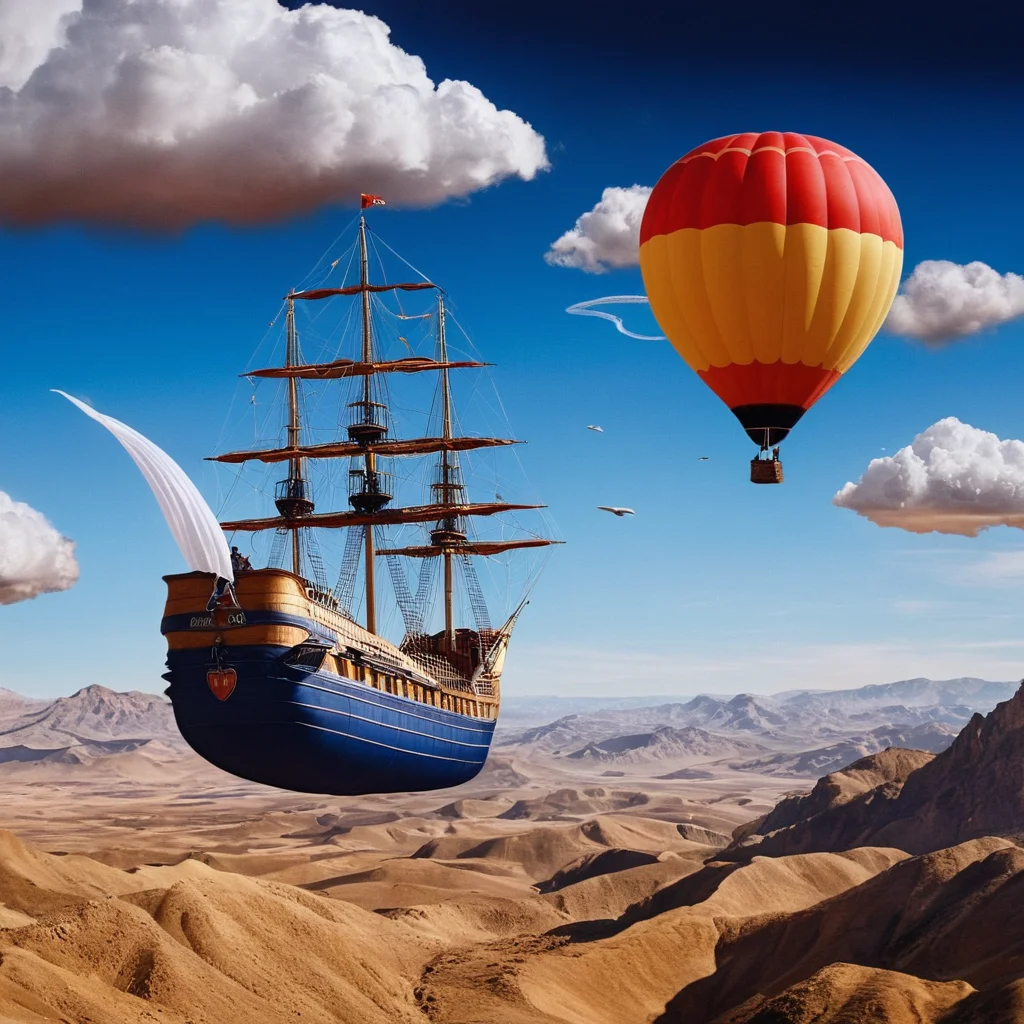 Surrealism, <lora:Surrealism style:1>
A surrealism photo of a painting of a hot air balloon with a ship in the sky,outdoors,sky,cloud,no humans,traditional media,science fiction,monster,mountain,fantasy,desert , realistic, realism, photorealism, hyperrealism, hyperrealistic, realistic, sharp, detailed, cinematography style, film light style, movie still, professional photography, artistic, perfection, contrast, cinematic, filmic, high quality photo, 8k quality, colorful, photography style, absurd, bizarre, eerie, fanciful, fantastic, ludicrous, monstrous, odd, outlandish, preposterous, ridiculous, strange, whimsical, wired, disturbing, surrealist, surrealism style, Andre Breton style, expressive, dramatic, organic lines and forms, dreamlike, mysterious, Surrealism