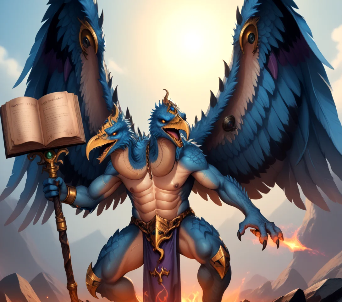 <lora:Kairos_Fateweaver_(Warhammer)_(Pony)_(AD):1.5>
Kairos Fateweaver, Tzeentch, ((two headed, long necks, )), raven, raven headed, wings, blue body, blue feathers, blue skin, eye_of_Tzeentch, mark_of_Tzeentch, staff, chaos_demon, Tzeentchian_chaos_warp, Tzeentch_corruption, Tzeentchian_domain, scenery,
in the style of the video game Warhammer 3,