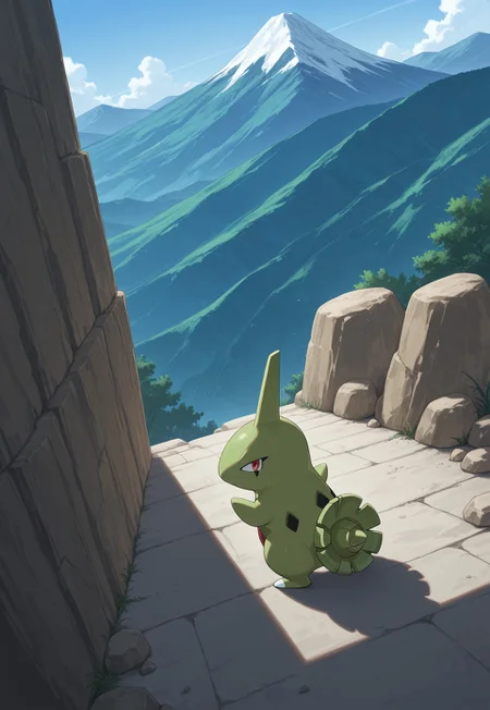score_9, score_8_up, score_7_up, masterpiece, best quality, very aesthetic, absurdres, amazing quality, high resolution, ultra-detailed, volumetric lighting, newest, scenery, perspective, mountain, rocks, day, PKMN_Larvitar, 1other, solo, pokemon focus, red eyes, green skin, from behind, looking back